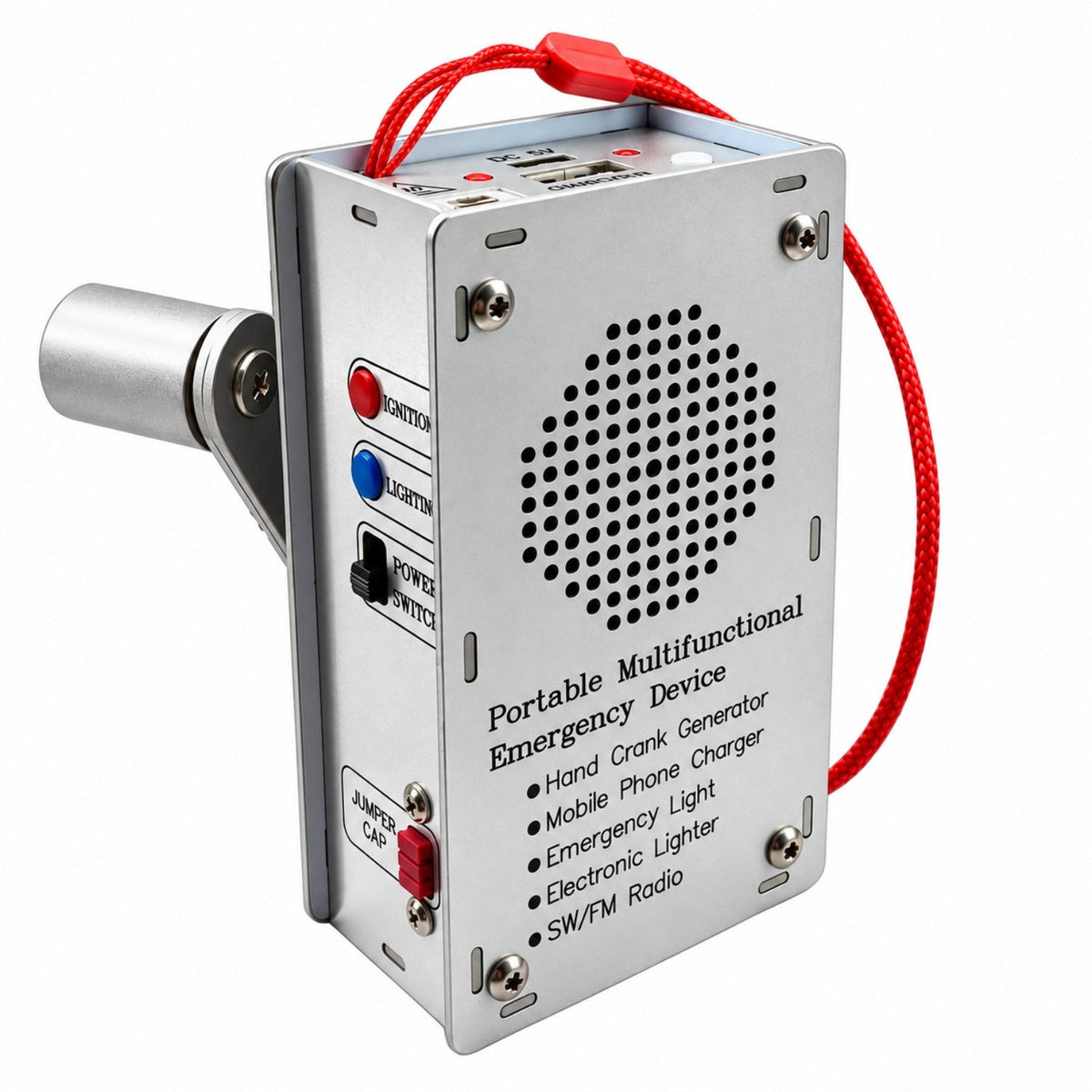 CampGuard emergency radio, silver on white backdrop