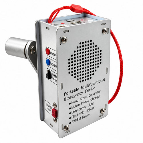 CampGuard emergency radio, silver on white backdrop